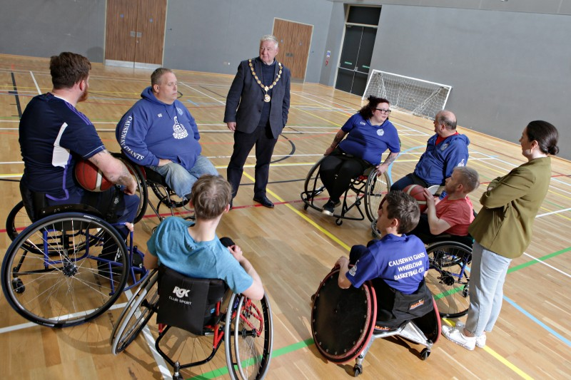 The Mayor of Causeway Coast and Glens, Councillor Steven Callaghan, speaking to members of the team. Picture credit: Ciaran Clancy