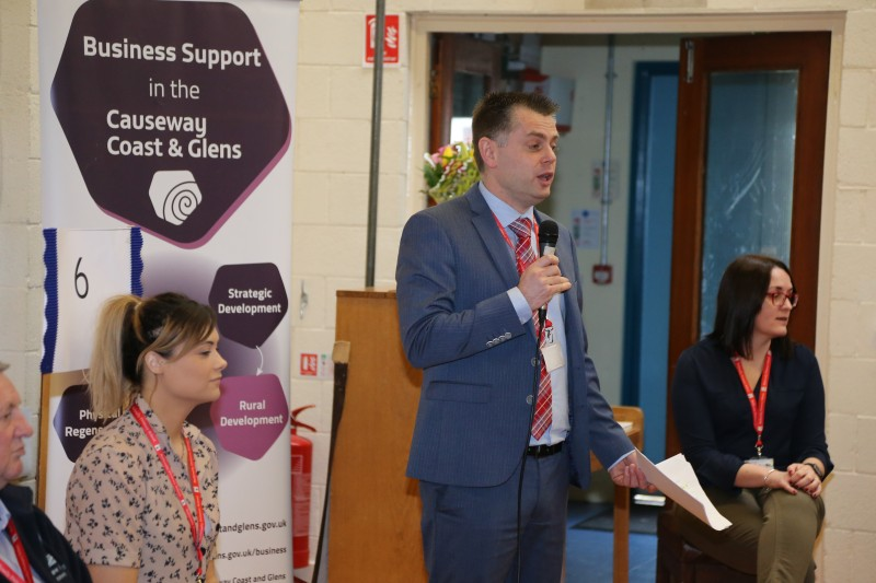 Ballysally Primary School Principal Geoff Dunn addresses the school assembly at the Primary Futures event.