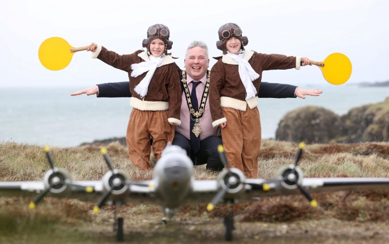 Pictured launching The NI International Air Show 2022 is Mayor of Causeway Coast and Glens, Councillor Richard Holmes and two excited pupils, Leo McIntyre and Evie Cowan from Mill Strand Integrated Primary School in Portrush.