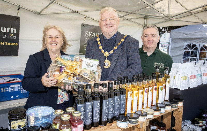 The Mayor of Causeway Coast and Glens Councillor Steven Callaghan, Deputy Mayor Councillor Margaret-Anne McKillop pictured alongside Eoin McConnell of Seasons of the Glens at the 2024 Rathlin Sound Festival.