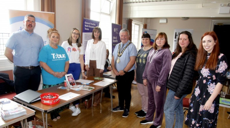 Causeway Coast and Glens Borough Council’s Good Relations Officer Gerard McIlroy, Manager of Limavady Volunteer Centre Ashleen Schenning, Ciara McNickle from Causeway Volunteer Centre, Good Relations Manager Patricia Harkin, the Mayor of Causeway Coast and Glens Borough Council Councillor Ivor Wallace, Good Relations Officer Dearbhaile Hutchinson and participants who attended the information event for refugees.