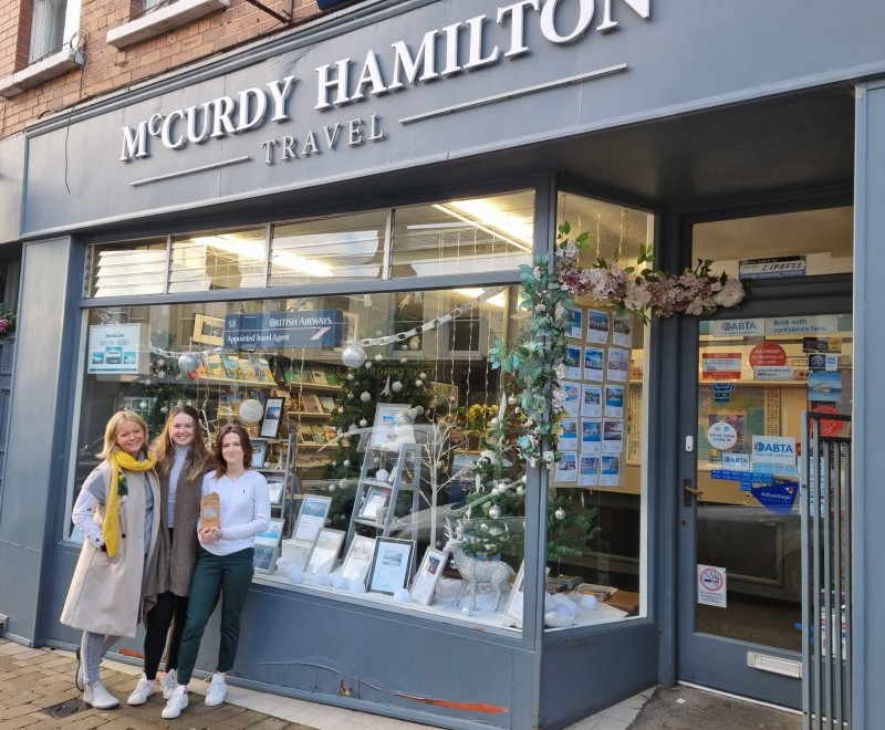 Tara Purcell, Tory Kennedy and Deborah Aiken of McCurdy Hamilton Travel in Ballymoney brought their winter wonderland to Ballymoney town centre and were delighted to win the Christmas Window competition for Ballymoney.