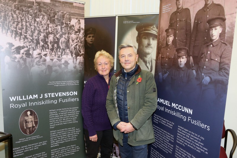 Alan Robinson, MLA, with Hester McCunn, Binevenagh Historical Society, at the opening of the Limavady & District War Memorial Boards Exhibition in the Keenaught Suite, Roe Valley Arts & Cultural Centre.