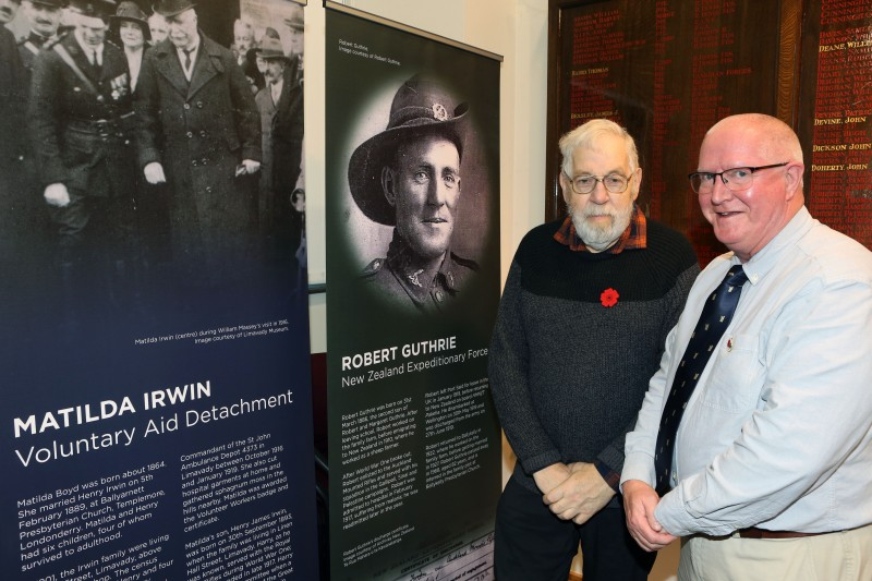 Pictured at the opening of the Limavady & District War Memorial Boards Exhibition in Roe Valley Arts & Cultural Centre are Robert Guthrie, Binevenagh Historical Society and WW1 historian Alistair Harper.