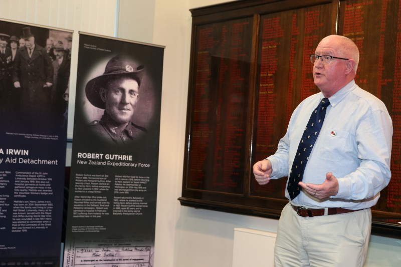 World War One historian, Alistair Harper giving a talk at the opening of the Limavady & District War Memorial Boards Exhibition in the Keenaught Suite, Roe Valley Arts & Cultural Centre.