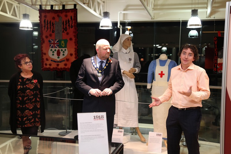 The Deputy Mayor of Causeway Coast and Glens Borough Council, Councillor Trevor Clarke pictured with Helen Perry, Museum Services Development Manager and Andrew King, Peace IV SEPUB.