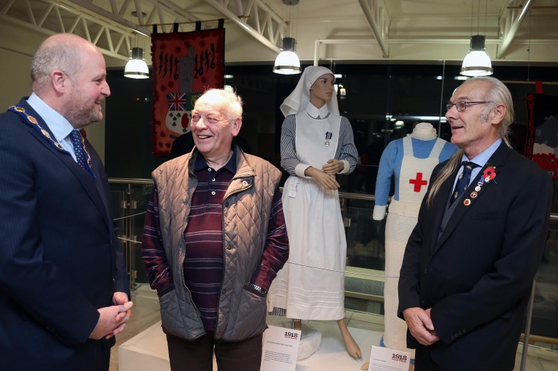 The Deputy Mayor of Causeway Coast and Glens Borough Council, Councillor Trevor Clarke pictured with Mac Pollock and Matt Ferguson at the launch of the ‘1918: Local Voices’ exhibition at Ballymoney Museum.