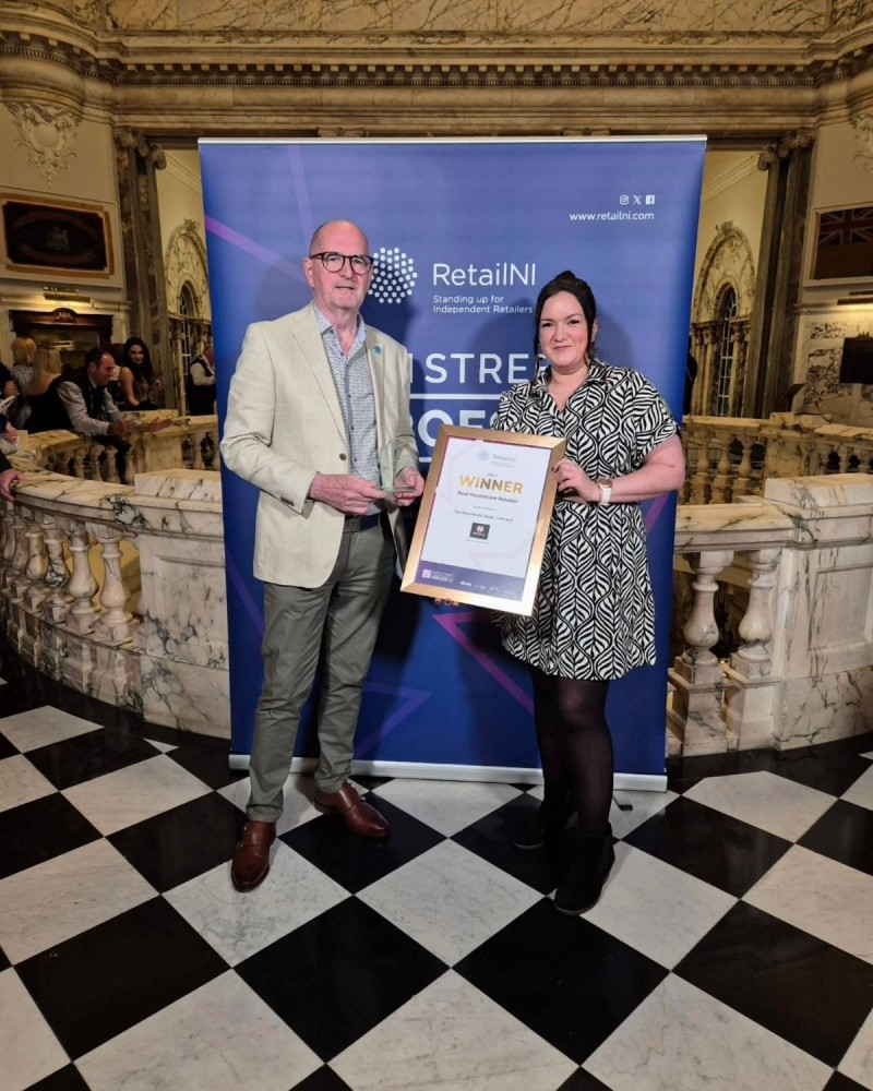 Ivor and Emma Bolton from the Real Health Store, Coleraine who won Best Healthcare Retailer at the 2024 High Street Hero Northern Ireland Awards.