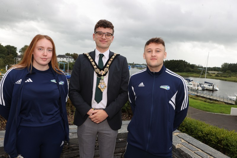 Mayor of Causeway Coast and Glens, Councillor Ciarán McQuillan with Jasmine McTaggart and Tristan McFarland who will play at the Homeless World Cup 2024 in Seoul, South Korea.