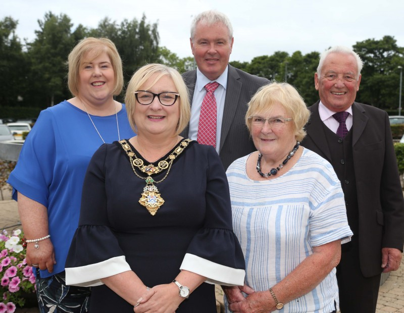 John McNicholl (chairperson) and Mary McNicholl (secretary) of Glenshane Community Development Group pictured with the Mayor of Causeway Coast and Glens Borough Council Councillor Brenda Chivers with Elaine Downey and Harry Armstrong from Department for Communities who part fund the advice service provision.