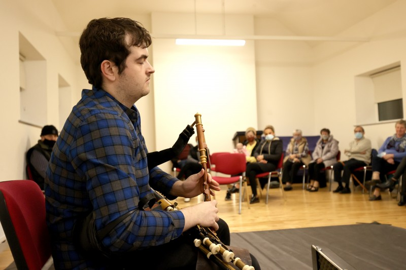 Uillean piper Eoin Orr performs at Aghanloo Community Centre’s musical evening.