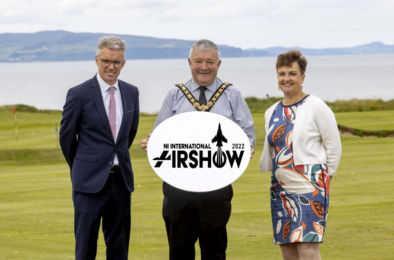 The Mayor of Causeway Coast and Glens Borough Council Councillor Ivor Wallace pictured in Portrush with Kevin McNamee, CEO of Denroy Plastics Ltd, sponsors of the NI International Air Show Business Engagement Day, and Grainne McVeigh from Invest NI, supporters of the Business Engagement Day.