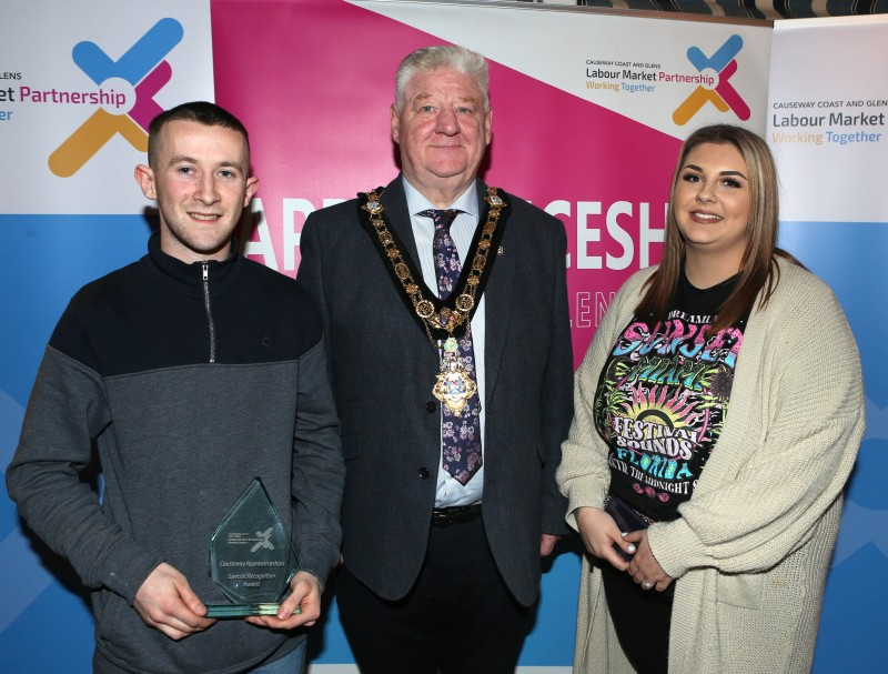 Mayor of Causeway Coast and Glens, Councillor Steven Callaghan alongside Aaron McLaughlin and guest.