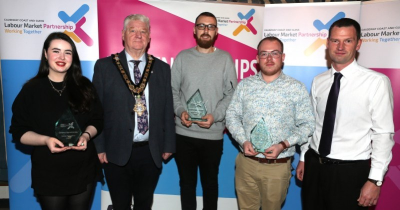 Mayor of Causeway Coast and Glens, Councillor Steven Callaghan alongside Aine O’Loan, Ryan Buckley, Brandon Hughes and John Flood from Skilled NI.
