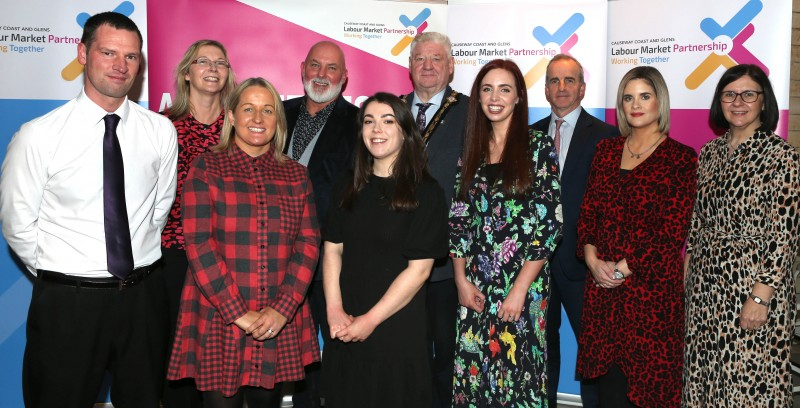 Mayor of Causeway Coast and Glens, Councillor Steven Callaghan along with John Flood from Skilled NI, Marie Donaghy from NRC, Gail Dragan from Network Personnel, Marc McGerty, LMP Manager, Chloe Stewart, LMP Admin Officer, Dearbháile Hutchinson, LMP Officer, Patrick McKeown from NWRC, Helen McGonigal from NWRC and Ann McKernan from Network Personnel.
