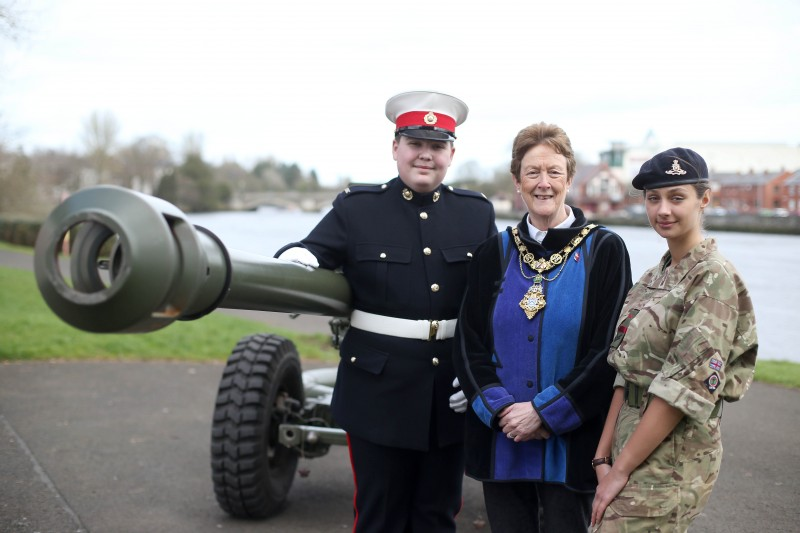 Robert Douglas and Laura Pipinska from Portrush Sea Cadets pictured with the Mayor of Causeway Coast and Glens Borough Council Councillor Joan Baird OBE at the launch of Armed Forces Day which will take place in Coleraine on Saturday 23rd June. Armed Forces Day provides an opportunity to say ‘thank you’ to troops, families, veterans and cadets. It's the first time the regional showcase has been held in Coleraine.