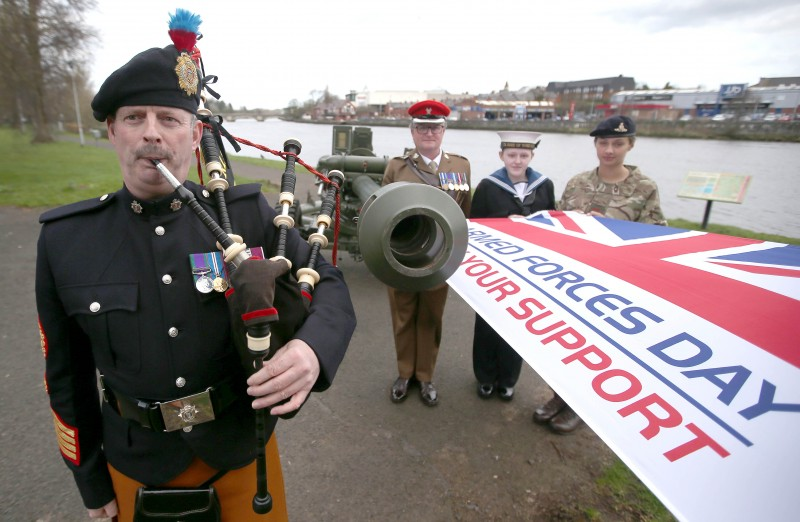 Preparing for Armed Forces Day which will take place in Coleraine on Saturday 23rd June are Pipe Major Wallace 152 (North Irish) Regiment The Royal Logistic Corps along with Major JD Taylor and cadets Athena Dunlop and Laura Pipinska.