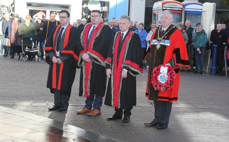 Mayor, Councillor Steven Callaghan at the Armistice Day service with Alderman Mark Fielding, Alderman Richard Stewart and Councillor Lee Kane