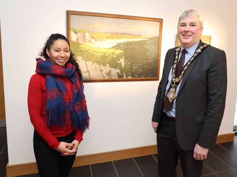 The Mayor of Causeway Coast and Glens Borough Council, Councillor Brenda Chivers pictured at the seafront mosaic launch with pupils from Cross and Passion College, Ballycastle, Ballycastle High School, artists Hélène Byrne and Louie Winward of Dunseverick Art  and Pat Crossley from Peace IV.