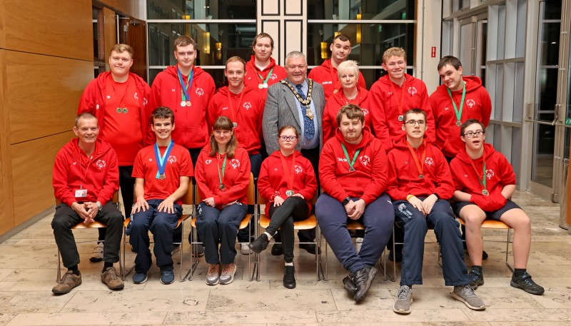 The Mayor of Causeway Coast and Glens Borough Council, Councillor Ivor Wallace, pictured in Cloonavin with members of Ballymoney Special Olympics Swimming Club.