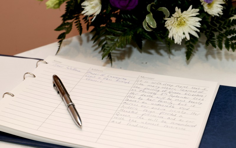 The Mayor of Causeway Coast and Glens Borough Council’s tribute message to Her Majesty The Queen, left in the book of condolence in Coleraine Town Hall.