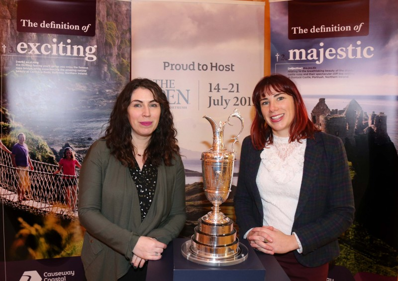 Lesley Ann O'Donnell from Tourism NI and Heidi Clarke from Causeway Coast and Glens Borough Council pictured with the Claret Jug at the Business Engagement event held in Portrush Town Hall ahead of The 148th Open.