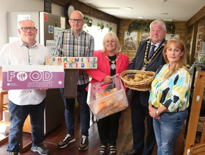 (L-R) Declan Donnelly, Resource Officer at Causeway Coast and Glens Borough Council, Dessie Smyth, manager of Ballycastle Community Hub, Deputy Mayor, Councillor Margaret-Anne McKillop, Mayor, Councillor Steven Callaghan and Katie Morgan, chair of Ballycastle Community Hub.