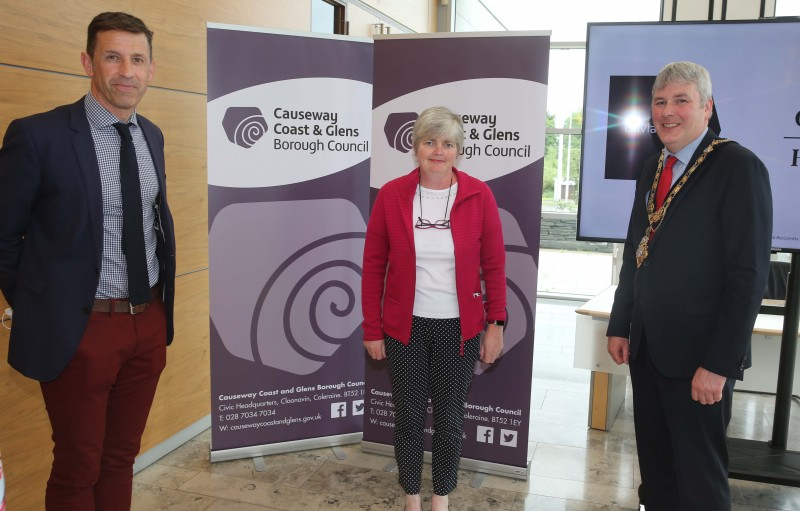 Mayor of Causeway Coast and Glens Borough Council, Councillor Richard Holmes and Council’s Director of Leisure and Development with recipient of this year’s Enterprise Fund Therese Kelly of Hass Crafts, Dungiven.