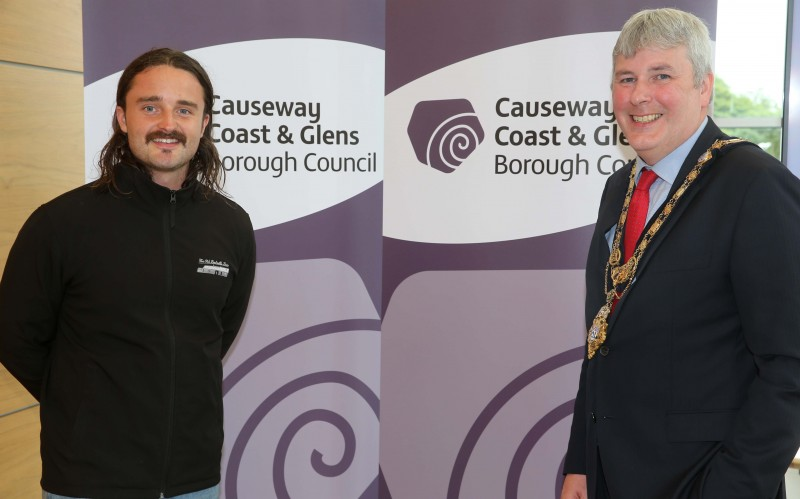 Mayor of Causeway Coast and Glens Borough Council, Councillor Richard Holmes with recipient of this year’s Enterprise Fund, Jasper McKeag from The Old Bushmills Barn, Bushmills.