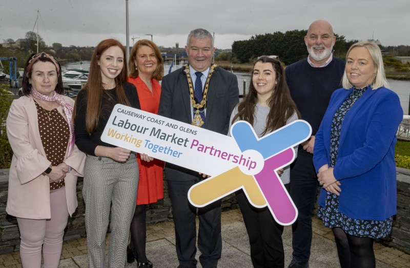 (L – R) Catherine Butcher - Roe Valley Residents Association, Dearbháile Hutchinson - LMP Development Officer, Janice Tracey - Janice Tracey Nutrition, Mayor of Causeway Coast and Glens Councillor Ivor Wallace, Chloe Stewart - LMP Admin Officer, Marc McGerty - LMP Manager, Karen Campbell - Roe Valley Residents Association.