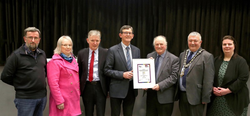 Pictured at the presentation of the Councillor Development Charter from the Northern Ireland Local Government Association (NILGA) are left-right, Alderman George Duddy, Alderman Michelle Knight McQuillan, Alderman Mark Fielding, Councillor Martin Kearney, NILGA President, Elected Member Development Working Group Chair Alderman Norman Hillis, the Mayor of Causeway Coast and Glens Borough Council, Councillor Ivor Wallace, and Alison Allen, NILGA Chief Executive.