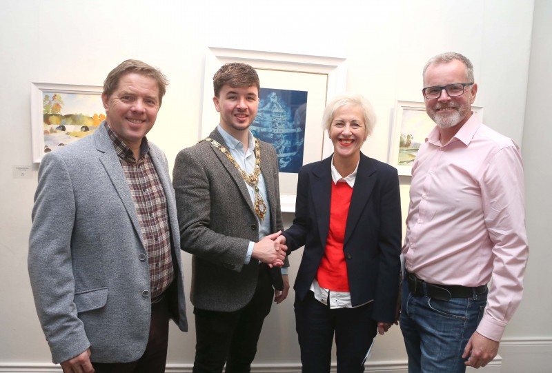 The Mayor of Causeway Coast and Glens Borough Council Councillor Sean Bateson pictured with Raymond Kennedy, Guest Judge at Coleraine Art Society exhibition launch, Heather Bryne, award winner for her painting ‘Homeward’ and Kevin McClelland, Coleraine Art Society Chairperson.