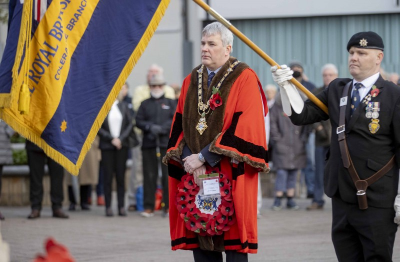 The Mayor of Causeway Coast and Glens Borough Council Councillor Richard Holmes pictured at the War Memorial in Coleraine during a service to mark Armistice Day.