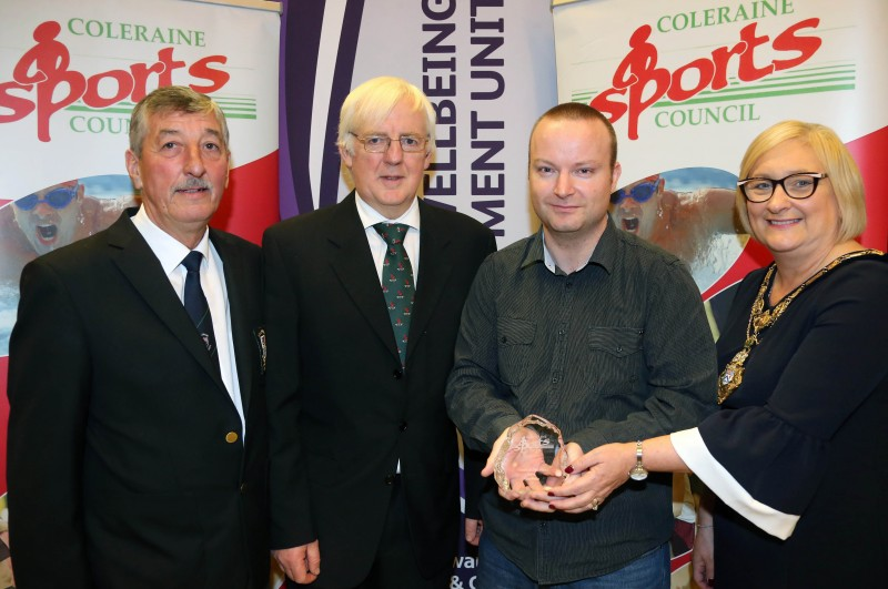 Coach of the Year Paul Price accepts his award from the Mayor of Causeway Coast and Glens Borough Council Councillor Brenda Chivers with John Church, Chair Coleraine Sports Council and Robert McVeigh from Northern Ireland Commonwealth Games Council. Paul has played a leading role at Coleraine Junior Judo Club since 2015.