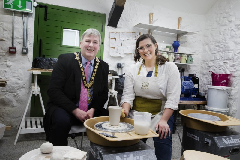 The Mayor of Causeway Coast and Glens Borough Council Councillor Richard Holmes pictured with Babs Belshaw at The Blackheath Pottery, one of the participants in the new Causeway Craft Trail