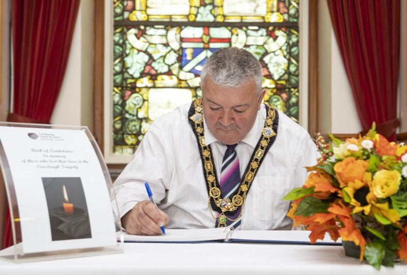 The Mayor of Causeway Coast and Glens Borough Council, Councillor Ivor Wallace, has opened a Book of Condolence in memory of those killed in the Creeslough tragedy. Members of the public can sign the book in Coleraine Town Hall or an online version is also available.