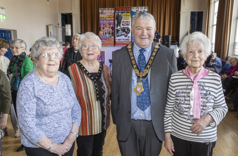 The Mayor of Causeway Coast and Glens Borough Council, Councillor Ivor Wallace, pictured with Ann Caskey, Isobel Fleming and Eileen Slater at the Tea Dance in Ballymoney Town Hall.