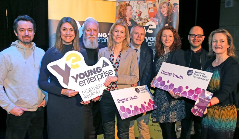 Pictured at the Digital Youth programme finale competition at Roe Valley Arts and Cultural Centre are Michael Howe, 2020 Architects, Sarah Travers, Young Enterprise Ambassador, Paul Moore, Ulster University, Camilla Long, Bespoke Communications, Martin Clark and Bridget Mc Caughan from Causeway Coast and Glens Borough Council, Alastair Cameron, Young Enterprise NI and Carol Fitzsimons MBE, CEO of Young Enterprise NI.