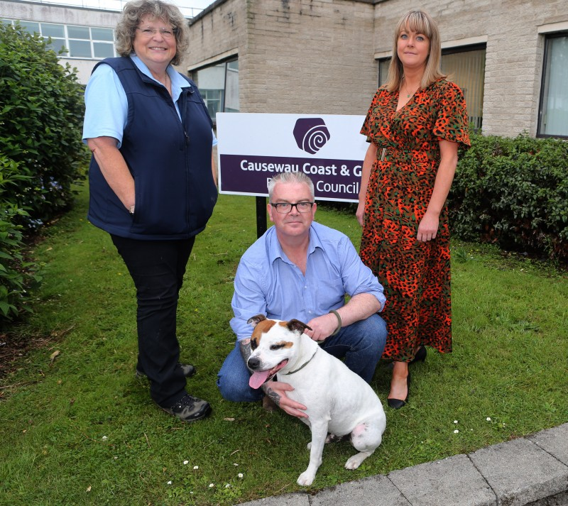 Gail McGrellis, Environmental Warden, Ciaran Doran, Environmental Health Manager and Lynne McCullough, Senior Environmental Health Officer with Henry, a Staffordshire Bull Terrier cross