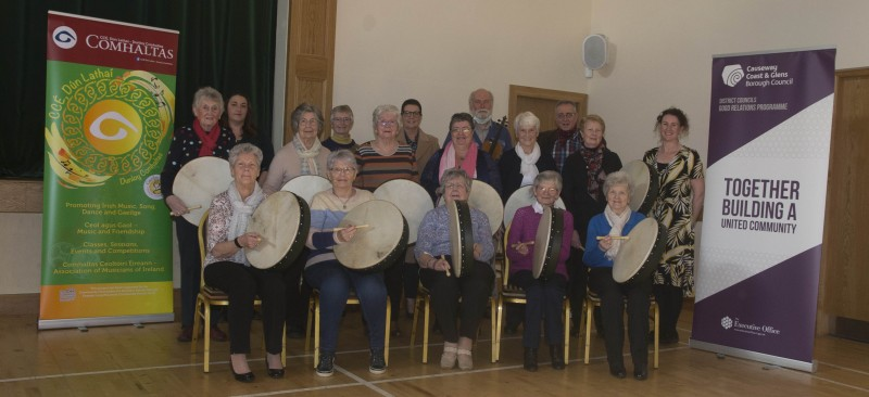 Musicians from the Fuse Centre Happy Mondays group who took part in Causeway Coast and Glens Borough Council’s Earrach/Spring event at St Joseph’s Parish Centre in Dunloy with Good Relations Officer Bebhinn McKinley, Maureen Gaston from Dun Lathaí CCÉ, Louise Morrow from the Fuse Centre, musician Dick Glasgow, Ulster Scots writer and broadcaster Liam Logan and Gael na Glinntí Irish Language Development Officer Deirdre Goodlad.