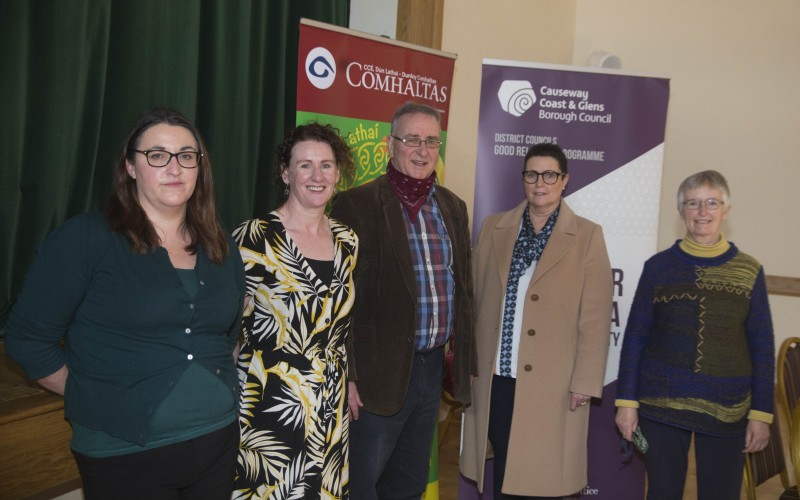 Good Relations Officer Bebhinn McKinley, Gael na Glinntí Irish Language Development Officer Deirdre Goodlad, Ulster Scots writer and broadcaster Liam Logan, Louise Morrow from the Fuse Centre and Maureen Gaston from Dun Lathaí CCÉ pictured at the Hear Here Earrach/Spring event at St Joseph’s Parish Centre in Dunloy.