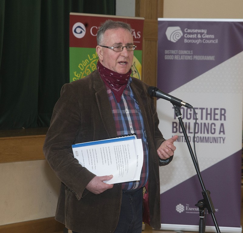 Ulster Scots writer and broadcaster Liam Logan addresses the audience at the event in Dunloy.