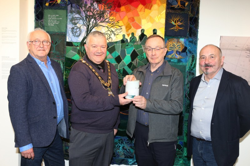 Dougie Bartlett, Steinbeck Festival Director, The Mayor of Causeway Coast and Glens Borough Council, Councillor Ivor Wallace, overall winner John Williams and Harry Coates, Steinbeck Festival Director.
