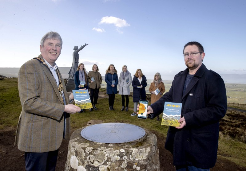 Pictured at Gortmore View Point for the launch of the new Echoes of the Causeway Coast heritage trail smartphone app are, front row, the Mayor of Causeway Coast and Glens Borough Council Councillor Richard Holmes, Council’s Museum Services Engagement Officer Nic Wright, and back row, Claire Savage (writer), Dr Helen Jackson (Ulster University), Collette Quigley and Linda McCracken (Big Telly), Council’s Destination Manager Kerrie McGonigle and Moyra Donaldson (writer).