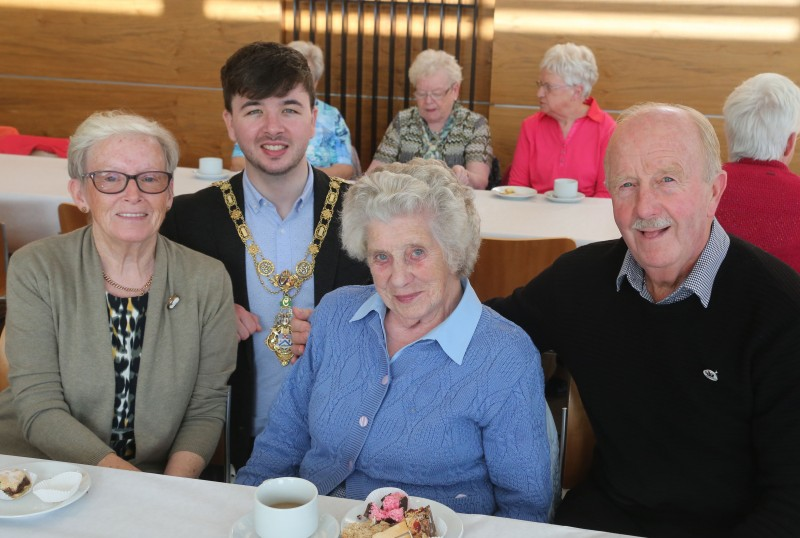 The Mayor of Causeway Coast and Glens Borough Council Councillor Sean Bateson pictured with Georgina Wilkinson, Susan Warke and John Wilkinson at a special reception for members of Ballymoney Evergreen Club.