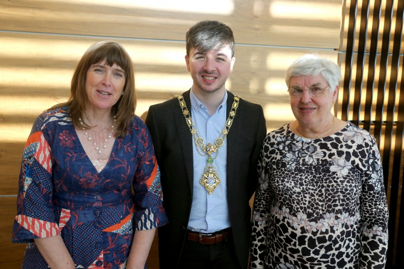 The Mayor of Causeway Coast and Glens Borough Council Councillor Sean Bateson pictured with Marie Louise McCleary and Isobel Dunlop at a civic reception for Ballymoney Evergreen Club members.
