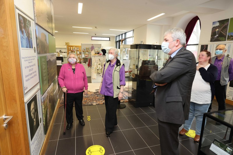 Members of Roe Valley Ancestral Researchers, Monica Doherty Ferguson, Frances Meere, Matthew Ferguson and Betty Ferguson pictured with the Mayor of Causeway Coast and Glens Borough Council, Councillor Richard Holmes at the opening of the NI100 - Influencers from the Roe Valley’ exhibition in the new museum exhibition space at Roe Valley Arts and Cultural Centre.