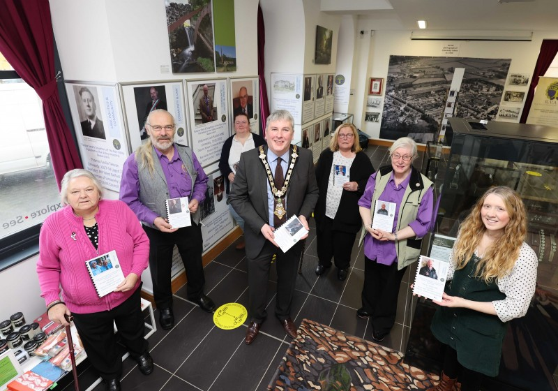 The Mayor of Causeway Coast and Glens Borough Council, Councillor Richard Holmes pictured at the opening of the NI100 - Influencers from the Roe Valley’ exhibition with members of Roe Valley Ancestral Researchers, L-R Monica Doherty, Matthew Ferguson, Frances Meere, Mayor, Mary McMahon, and Betty Ferguson, along with by Council Museum Officer, Jamie Austin.