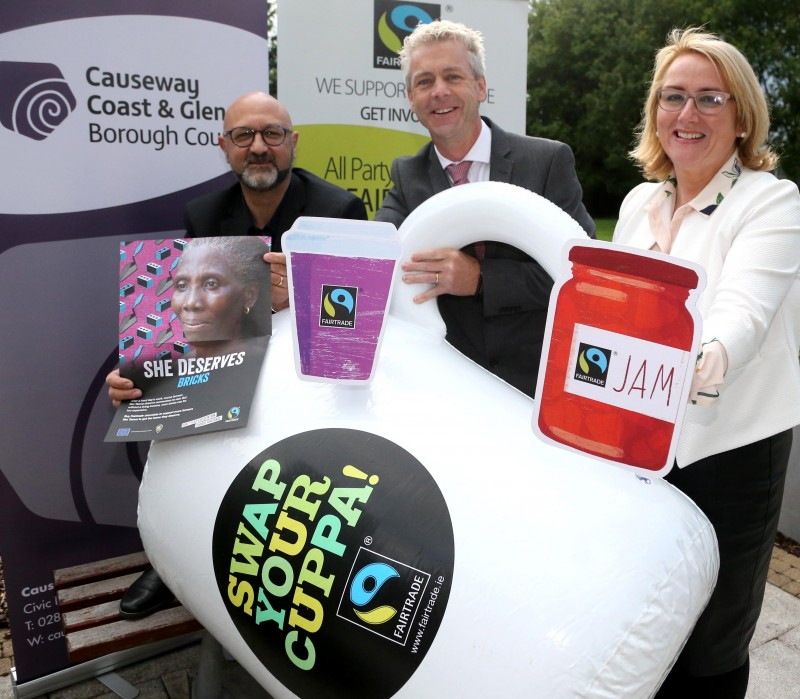 To find out what Fairtrade is all about please visit: www.northernirelandfairtrade.org, www.fairtrade.org.uk  or www.fairtrade.ie.         Notes for Editor: Northern Ireland achieved the rare accolade of becoming a Fairtrade devolved region (Nation) in June 2017 and only the third country in the world to attain this status. This has been achieved through the countless work of volunteers, businesses, organisations, schools and churches with Central (all Departments) and local government (all Councils) committed to this project.    Regionally the initiative and mandate is co-ordinated through the Secretariat for the All Party Group on Fairtrade. For more information:  www.northernirelandfairtrade.org/projects     Media Contact: For further information please contact aine.mcauley@causewaycoastandglens.gov.uk  Captions 1 Members of The Fairtrade Steering Group pictured after their recent meeting in Cloonavin, back row, Dr Christopher G Stange (Consulate General of St. Vincent and the Grenadines & Secretariat of the All Party Group on Fairtrade), Chris McCaughan (The Co-operative, Ballycastle) and Nicholas Lestas (Director – The Good Food and Wine Company). Front row, Councillor Orla Beattie, Richard John (Secretary, Causeway Multi Cultural Forum), Paddy-Ann Leach, (Manager of Catering and Conferencing - Ulster University Coleraine Campus) and Aidan McPeake (Causeway Coast and Glens Borough Council Director of Environmental Services)  2 Councillor Orla Beattie along with  Dr Christopher G Stange (Consulate General of St. Vincent and the Grenadines & Secretariat of the All Party Group on Fairtrade) and Nicholas Lestas (Director – The Good Food and Wine Company) promote the Fairtrade message.  3 Nicholas Lestas (Director – The Good Food and Wine Company), Paddy-Ann Leach, (Manager of Catering and Conferencing - Ulster University Coleraine Campus) and Dr Christopher G Stange (Consulate General of St. Vincent and the Grenadines & Secretariat of the All Party Group on Fairtrade) promote the Fairtrade message.
