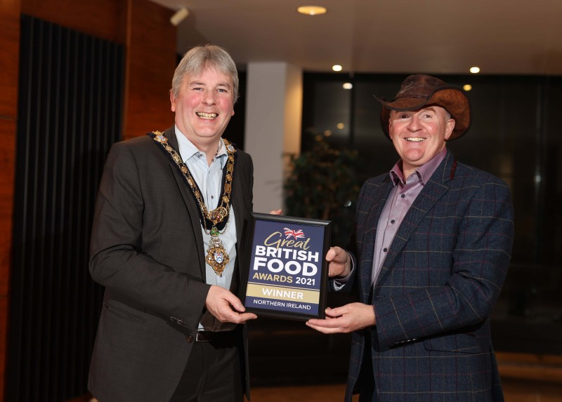 The Mayor of Causeway Coast and Glens Borough Council Councillor Richard Holmes pictured with Great Taste Award winner Alastair Bell of Irish Black Butter.